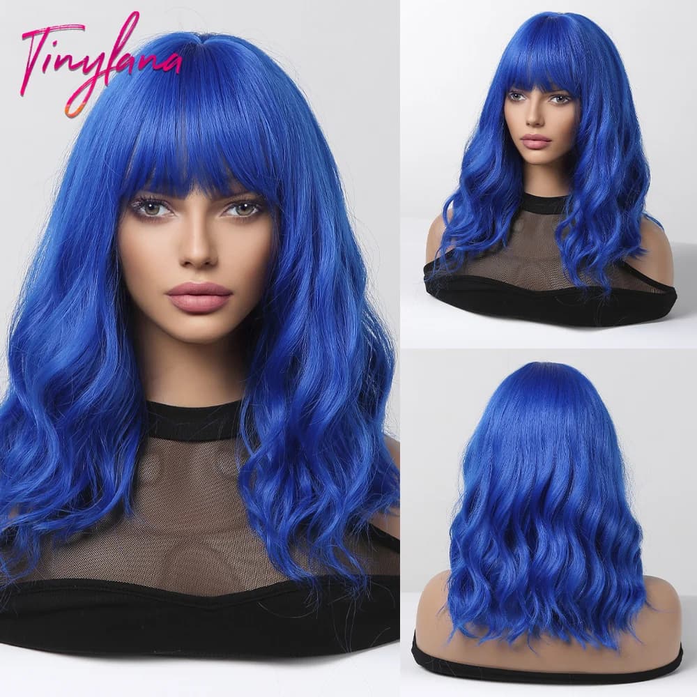 TINY LANA Blue Curly Medium Synthetic Wigs with Bangs Short Bob Cosplay Natural Wave Wig for Women Afro Heat Resistant Hair