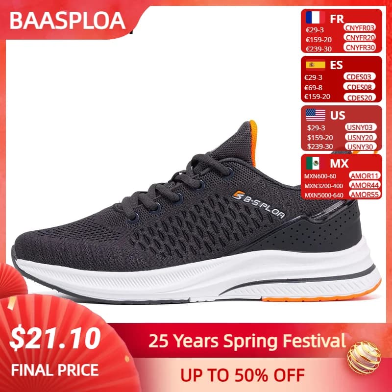 Baasploa New Men Knit Casual Walking Shoes Breathable Trendy Sneakers Original Lightweight Shock Absorption Male Tennis Shoes