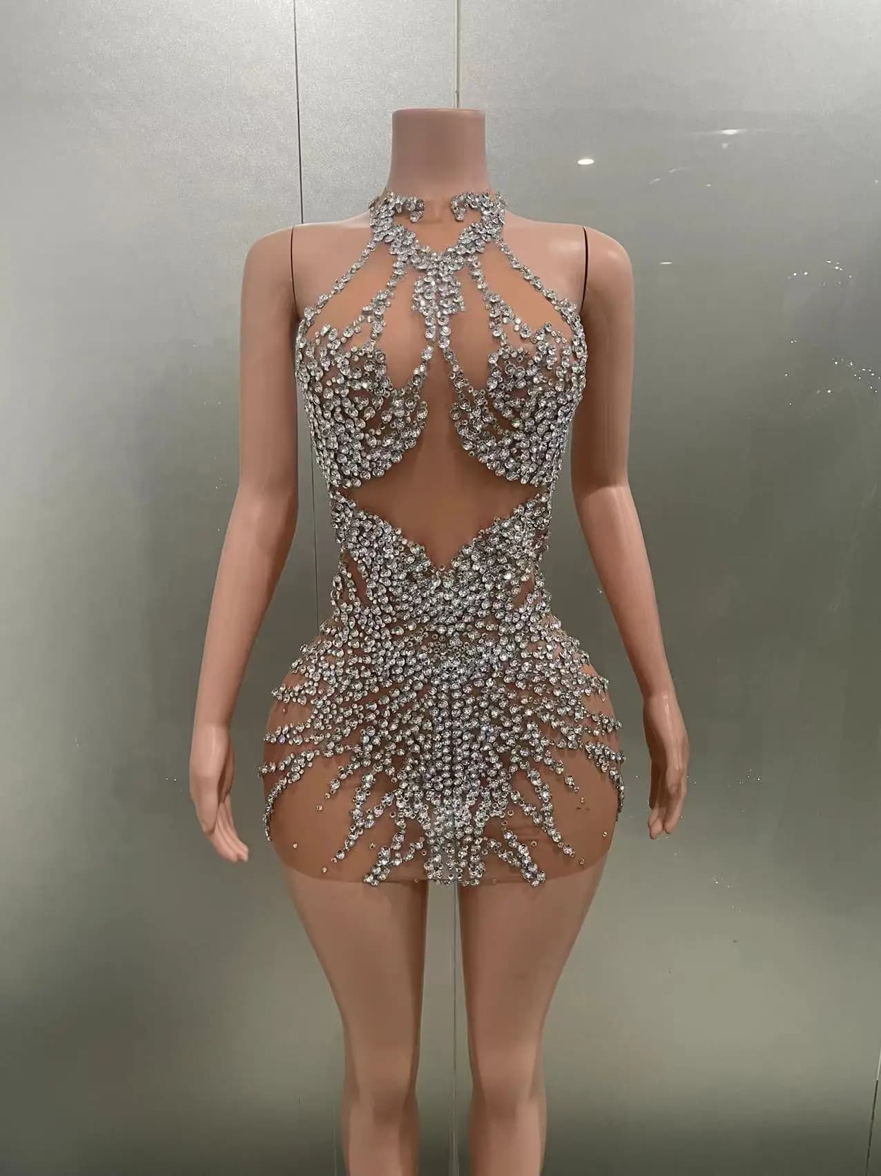 STOCK Fashion Silver Rhinestones Transparent Prom Dress Shinny Women Birthday Celebrate Party Prom Mesh Outfit Bar Ssxy Costume