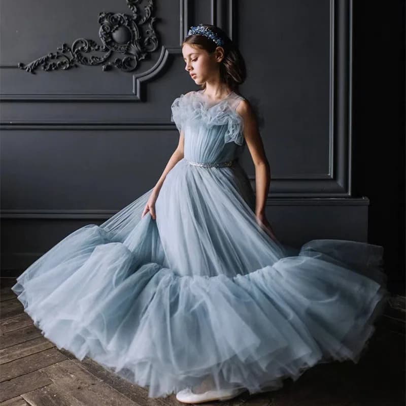 Children's Dresses 2025 New Flower Girl Long Blue Gauze Gown Evening Dress Ball Catwalk Piano Performance Princess Customized
