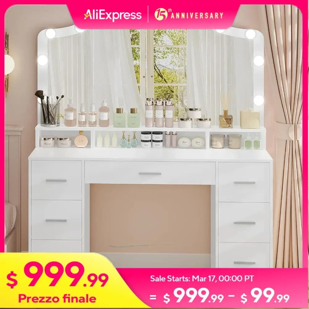 43.3" Vanity Desk with Large Lighted Mirror, 7 Drawers & 10 Lights Bulbs, 3 Lighting Colors, Vanity Table for Women Girls