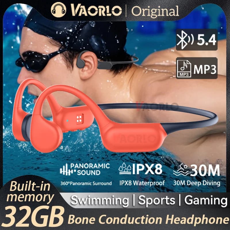 Bluetooth 5.4 Bone Conduction Earphones IPX8 Waterproof MP3 Player Hifi Ear-hook Wireless Headphone With Mic Headset For Swimmin