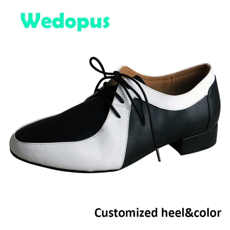 Wedopus Customized Men Latin Dance Shoes White and Black Leather Salsa Dance Shoes Man Soft Suede Sole