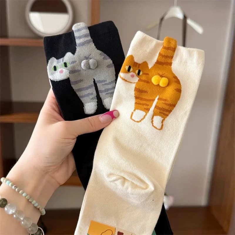 3D Cute Cat Socks Black/White Funny Cat Cotton Socks Breathable Soft Girl Women Novelty Stocking Kawaii Gift Sock Set
