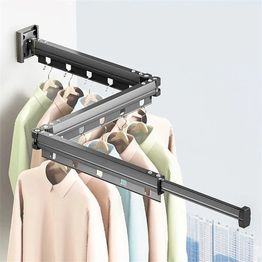No punching Grey and White Wall-Mounted Foldable Aluminum Alloy Clothes Drying Rack for Balcony Bedroom Kitchen Living Room
