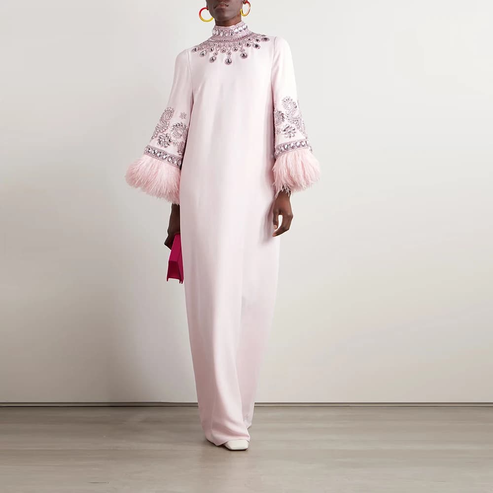 Epoch Long Evening Dress Elegant Crystal Feathers Arabia فساتين مناسبة رسمية A-Line O-Neck Pink Cocktail Prom Gown For Women