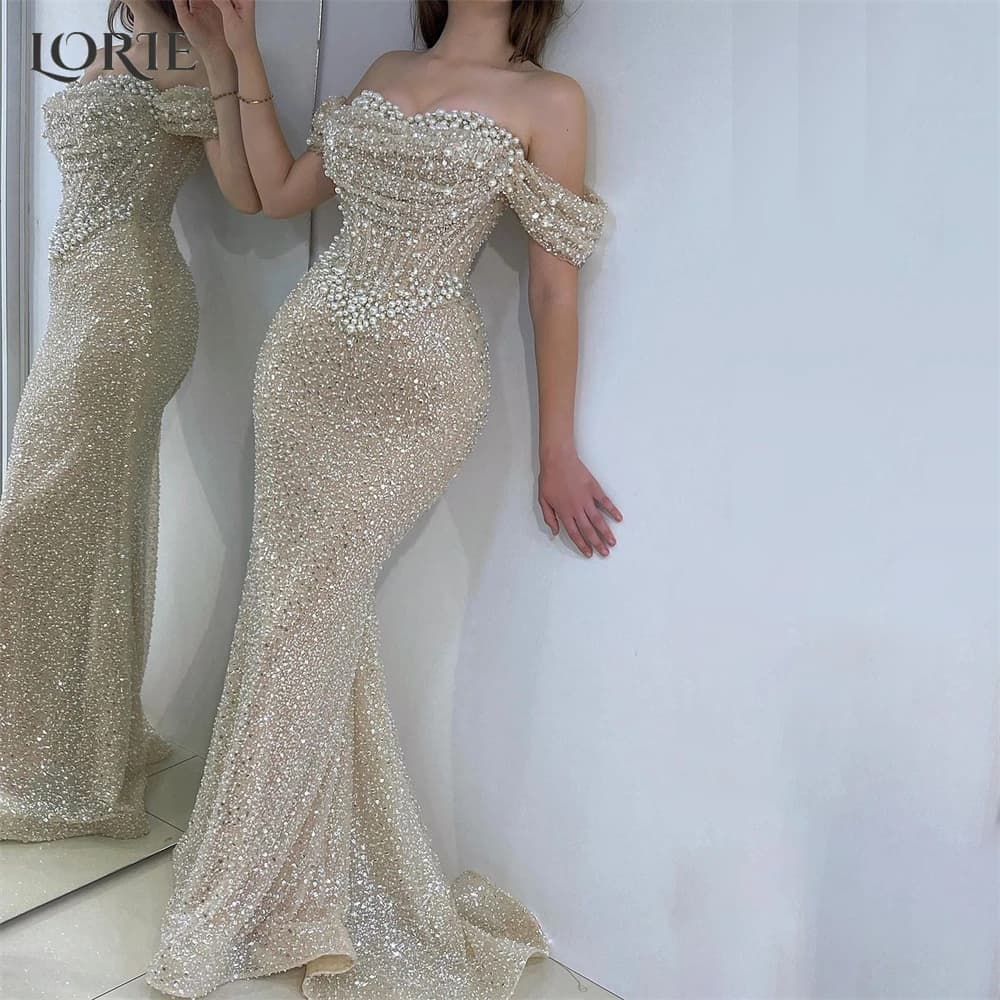 LORIE Glitter Lace Mermaid Formal Evening Dresses Pearls Bodycon Off Shoulder Bridal Gowns Backless Customize Pageant Party Gown