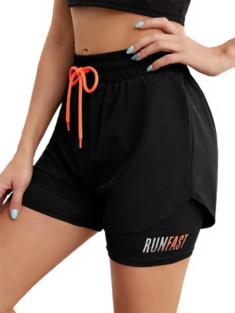 Mermaid Curve Breathable Letter Graphic 2 In 1 Sport Shorts Women Quick Dry Running Short Drawstring Waistband Fitness Hot Pants