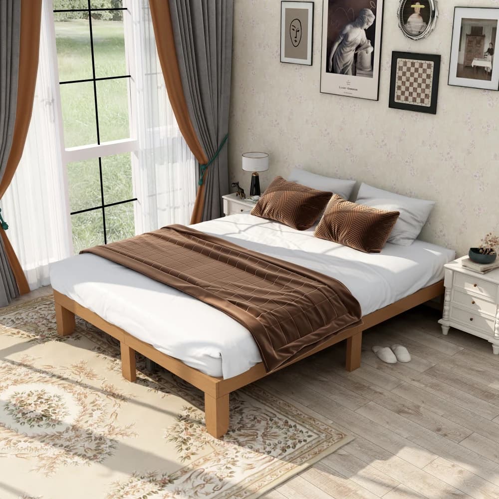Queen Size Wood Platform Bed Frame,No Box Spring Needed,Strong Wood Slat Support, Easy Assembly Bedroom Furniture