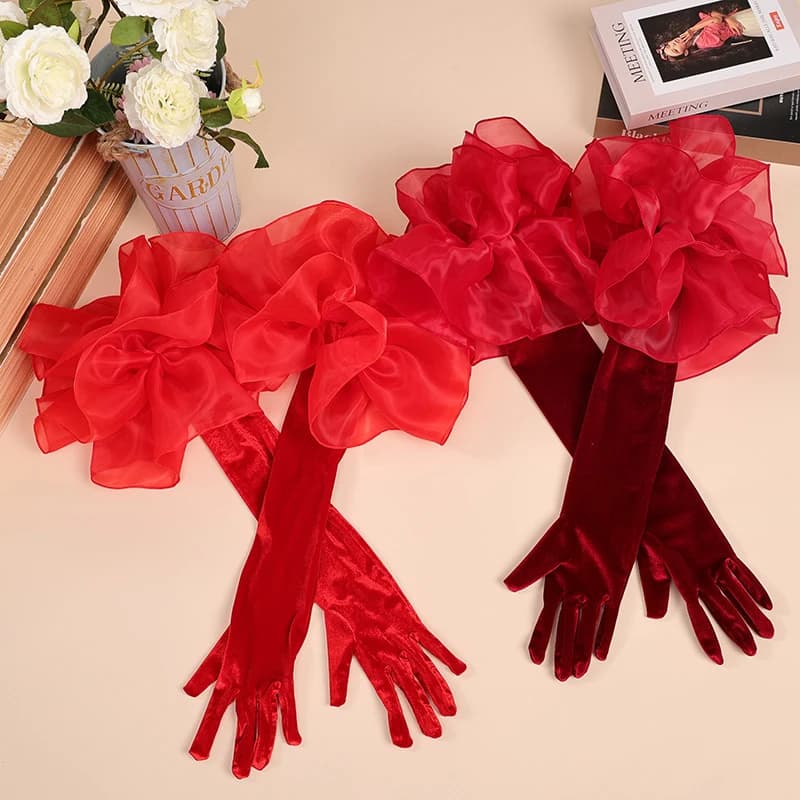 1 Pair Wedding Bridal Gloves Elegant Red Black White Long Velvet Gloves Elbow Arm Full Finger Gloves Women Bridal Dress Mittens