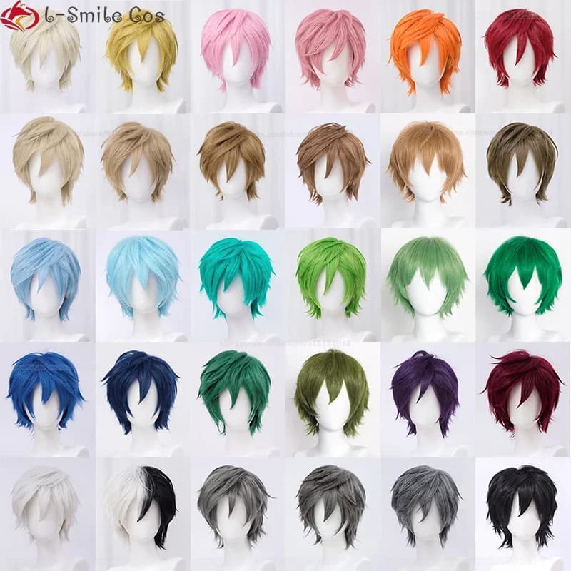High quality 30cm orange Green Pink Red many colors short hair for boy woman synthetic heat hair Halloween anime Colourful wigs