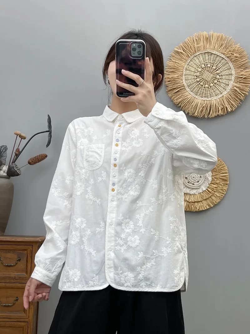 White Floral Embroidery Lace Shirt Blouse Women Tops Boho Long Sleeve Vintage Cotton Autumn Blouses Casual Lady Tops