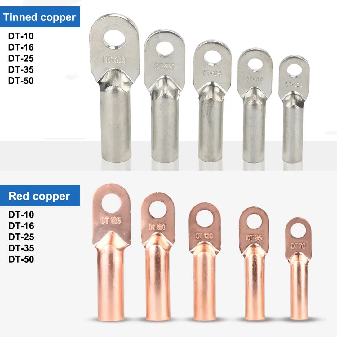 1pcs DT-6 10 16 25 35 50mm2 Wire Nose Tinned Copper Terminals Battery Cable Lugs Red Brass O-Type End Screw Hole 8.5mm 10.5mm
