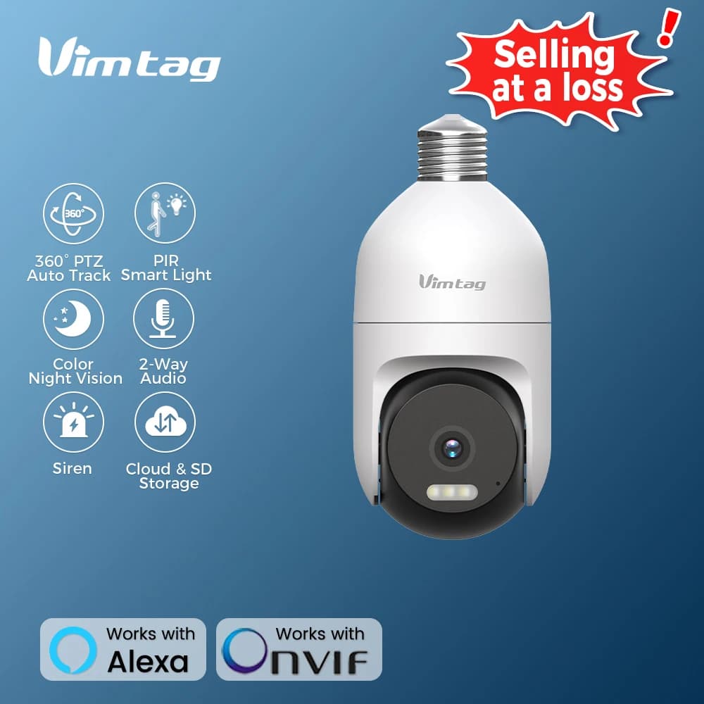 VIMTAG 4K CCTV Security Camera WIFI Outdoor Surveillance Cam 360 PTZ/PIR Smart Light/Color Night Vision Light Bulb Camera Indoor