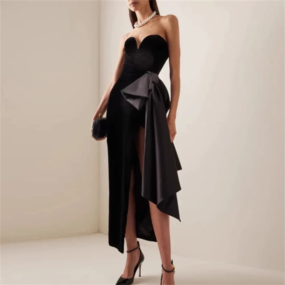Chic Black Velour Homecoming Party Dresses Customized Big Bow Strapless Wedding Dress Invited Prom Gowns Elegant Evening Outfit