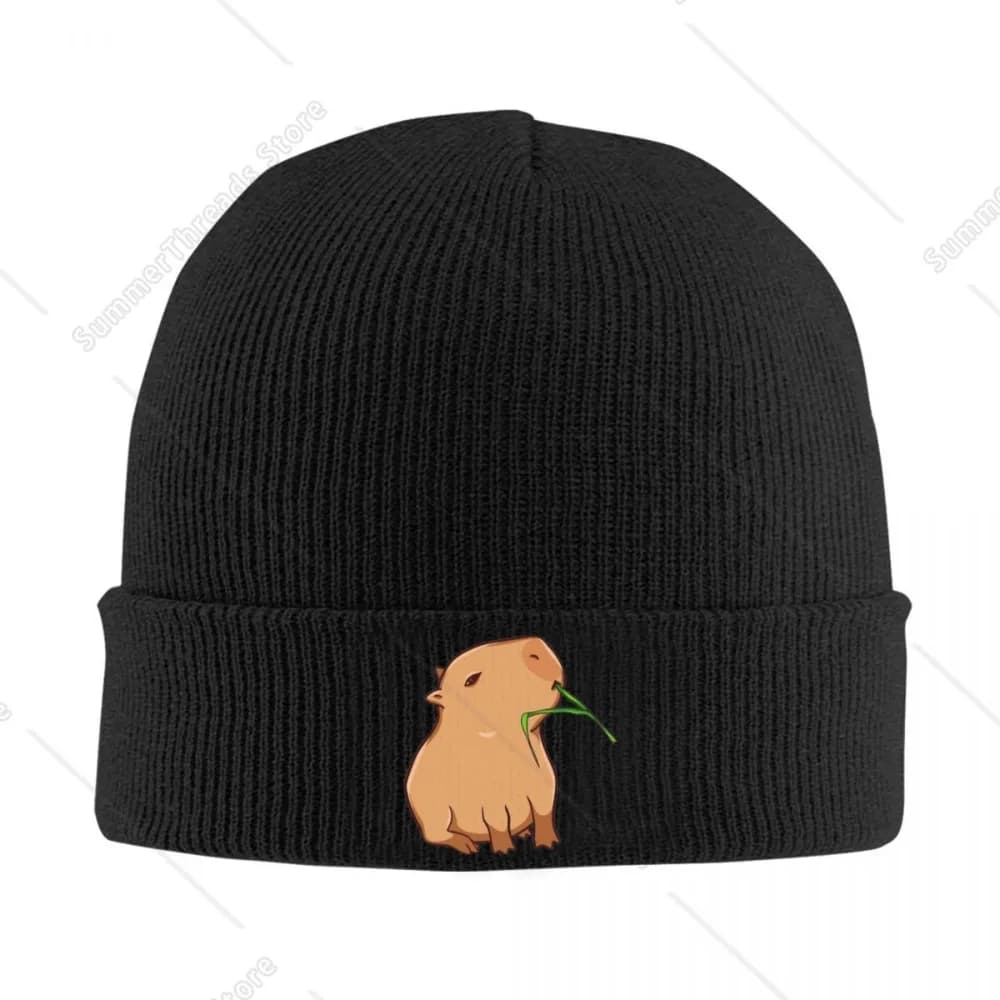 Capybara With A Leaf Eat Your Greens! Bonnet Beanie Hats Graphic Skullies Beanies Winter Trendy Female Male Outdoor Elastic Cap