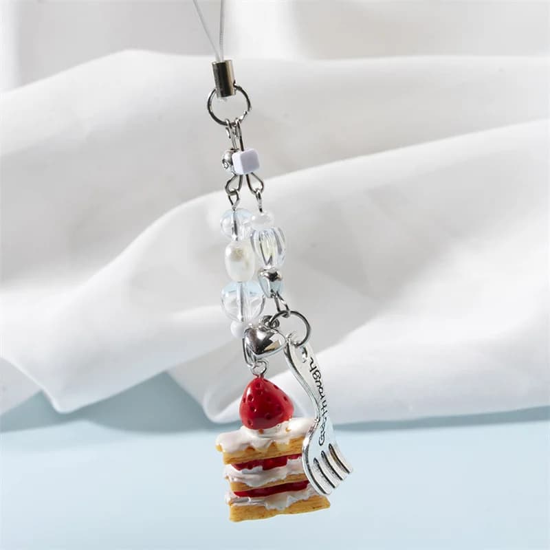 1pcs Funny Cake Apple Fork Pendants Phone Chain Keychain Phone Charm For Women Phone Strap Lanyard Chain Keyring Jewelry Gifts