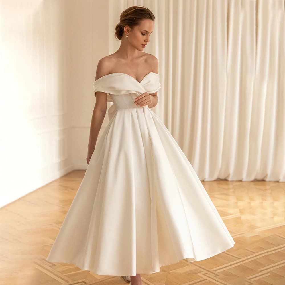 Midi Wedding Dresses Ivory Satin Off the Shoulder Princess Gowns for Bride A Line Ankle Length Bow Short Bridal