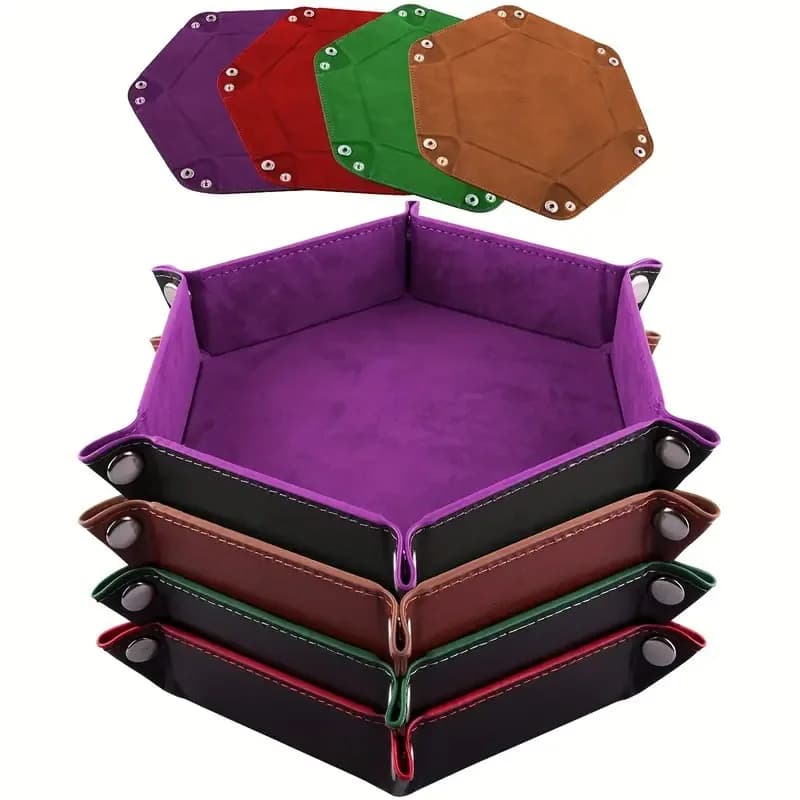 1pc PU Leather Velvet Folding Storage Tray, Hexagonal Dice Tray, Dice Holder Storage Box, Plain Storage Basket For Dice Game