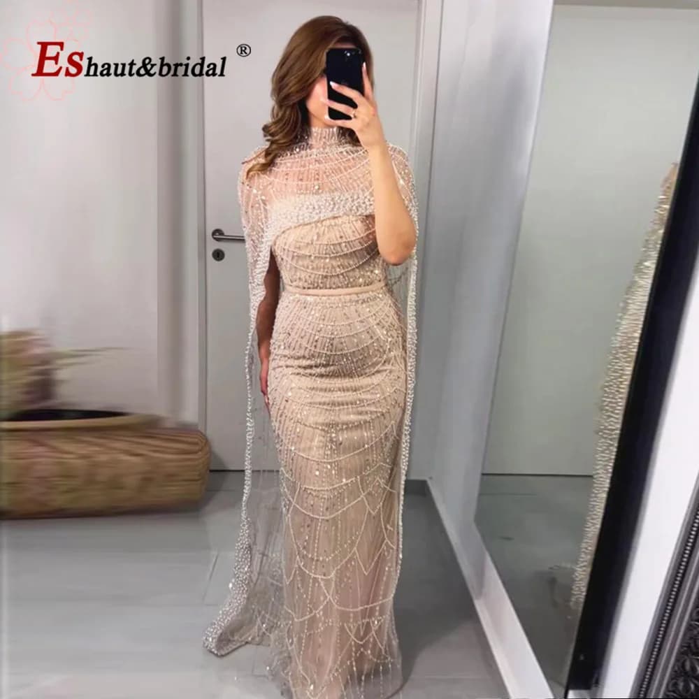 Luxury Pearls Arabic Evening Graduation Dresses with Cape 2025 Mermaid Long Formal Prom Wedding Party Gown for Women Customized