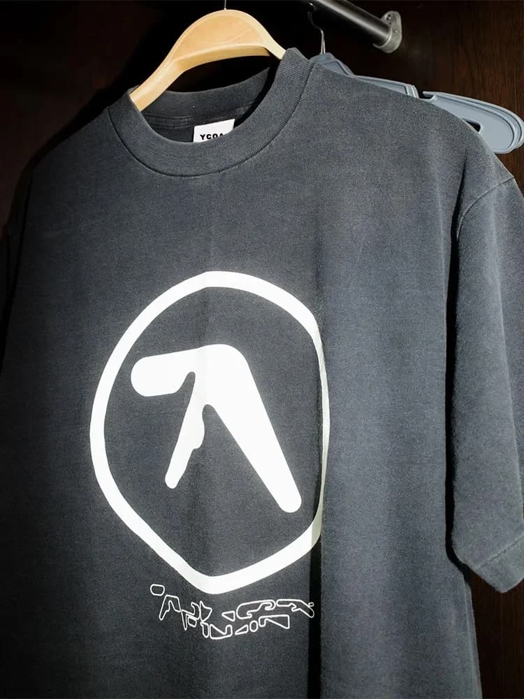 Men T-Shirt Aphex Twin Washed Black Print Short Sleeve Tops Cotton Graphic Oversized Korean Fashion Tees Y2k Streetwear Clothing