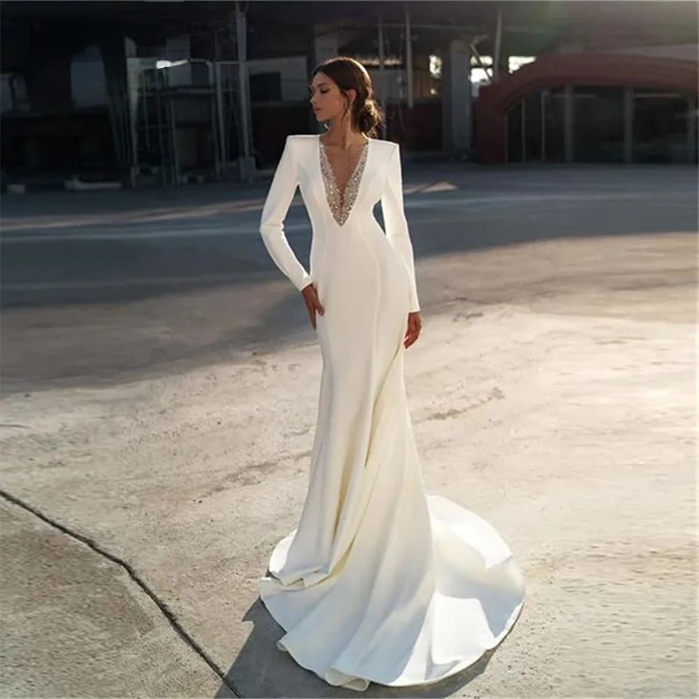 2023 V Neck Elegant Beaded White Mermaid Wedding Dresses Long Sleeves Satin Bridal Gown Sweep Train Beach Robe De Mariee