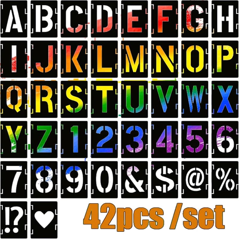 42 pieces of letter hollow templates, reusable artistic fonts, coloring, spray painting. Suitable for walls, wood, rock fabrics
