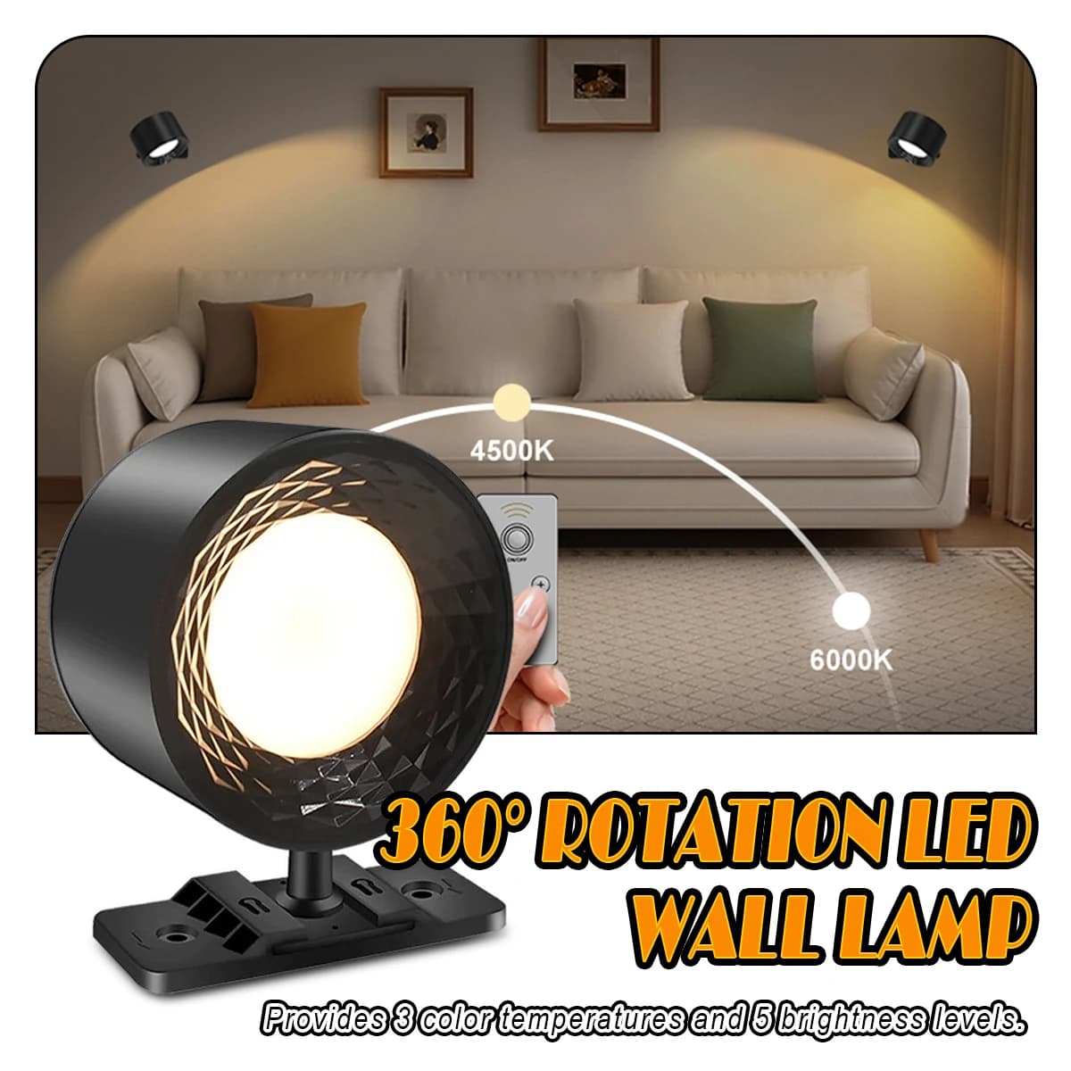 LED Wall Lights Mounted Reading with Remote Sconces Lamp With 3 Color Temperatures Magnetic 360° Rotation Cordless for Home Bulb