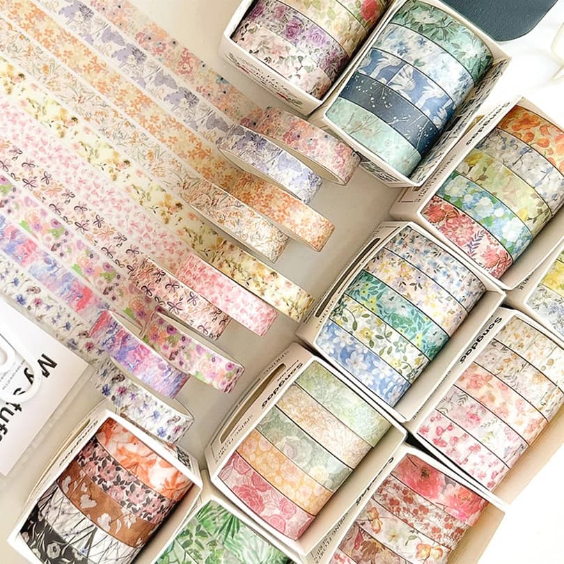 5Pcs Flowers Washi Tape Scrapbooking Supplies Washitape Spring Journal Diary Decoration Cinta Adhesiva Decorativa Washi Tapes