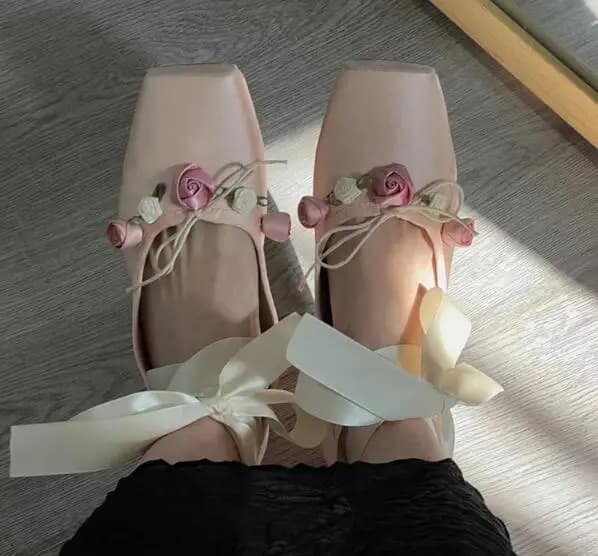 Sweet Girls Pink Apricot Silk Square Toe Rose Flower Bow Tie Cross Tied Flat Ballet Shoes Women Shallow Single Shoes Size 41