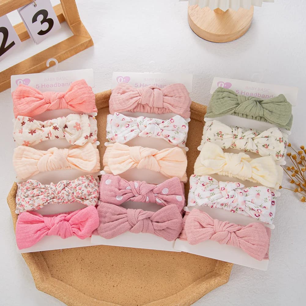 5Pcs/Set Solid Muslin Cotton Linen Baby Headband Elastic Rabbit Ear Hair Band Infant Girl Turban Headwraps Stretch Accessories