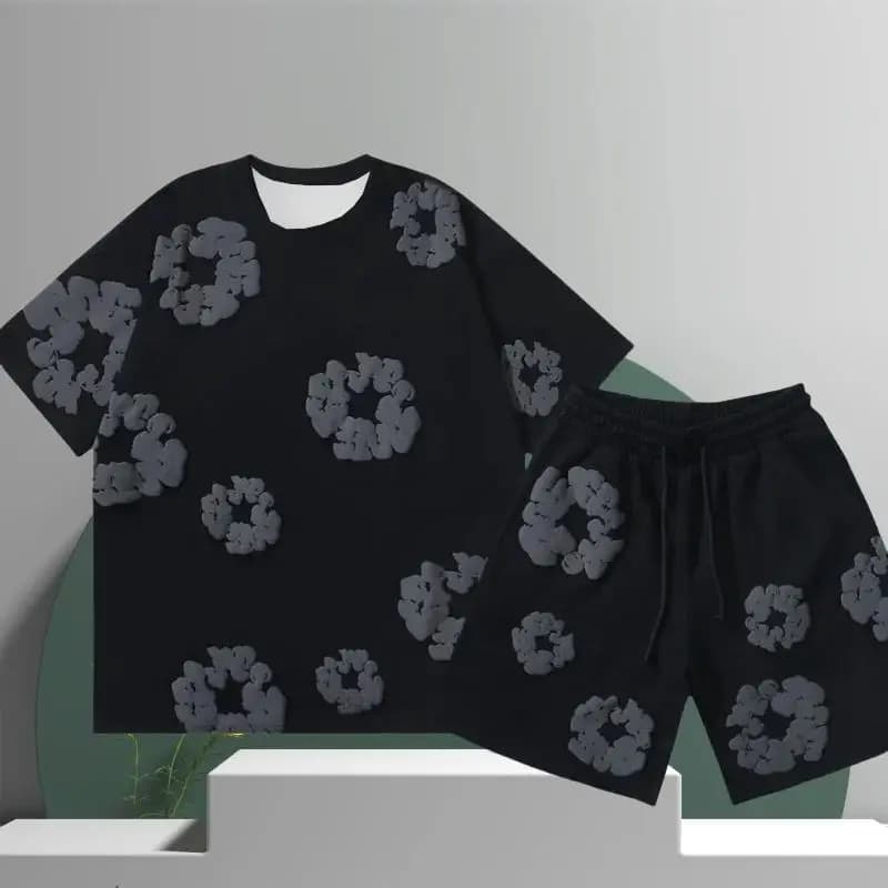 The 2025 summer new men's set is a casual American 3D printed flower pattern vacation outdoor casual fashion set made of polyest