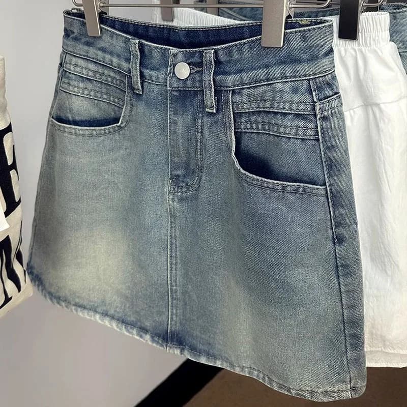 Summer New Womens Vintage Denim Skirts Korean Fashion High-Waisted Slim Mini Skirt Woman Elegant All-Match A- Line Bodycon Skirt