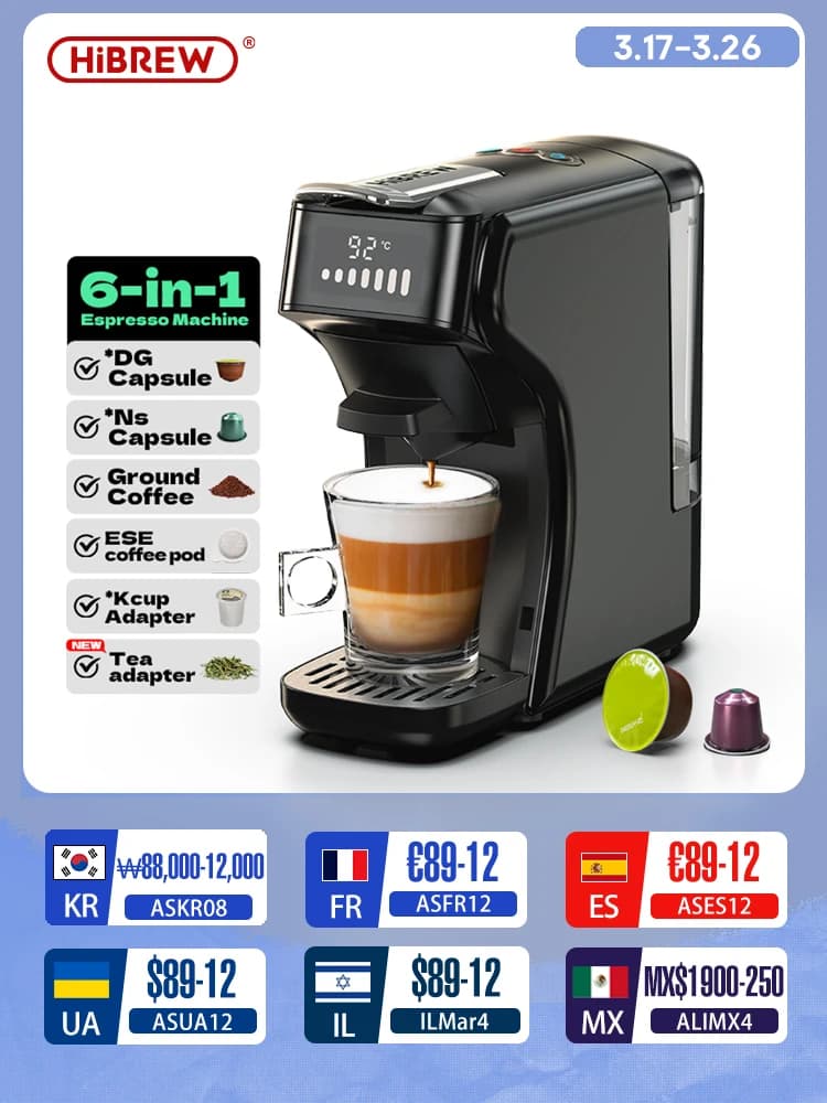 HiBREW 6in1 Capsule Coffee Machine Hot/Cold Multiple Espresso Cafetera Cappuccino Coffee Maker Dolce Gusto Nespresso Powder H1B