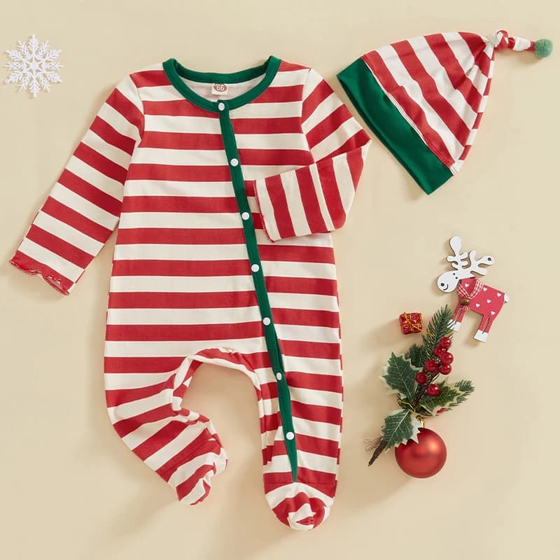 Fashion Striped Baby Boy Girl Romper Christmas Casual Button Long Sleeve Newborn Clothes Jumpsuit with Hat for Infant Toddler