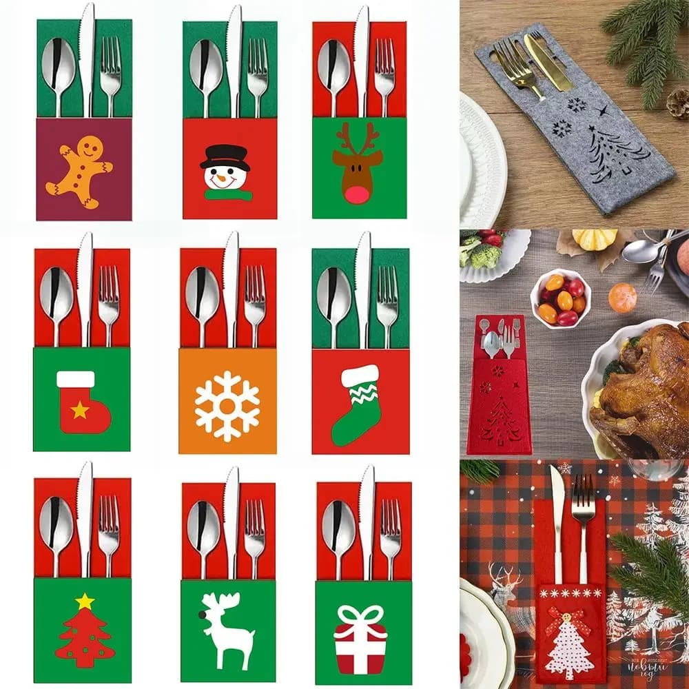 4PCS Christmas Tableware Knife Fork Holder Santa Claus Snowflake Xmas Tree Pocket Cutlery Bag Non-woven Fabric Organizer Decor