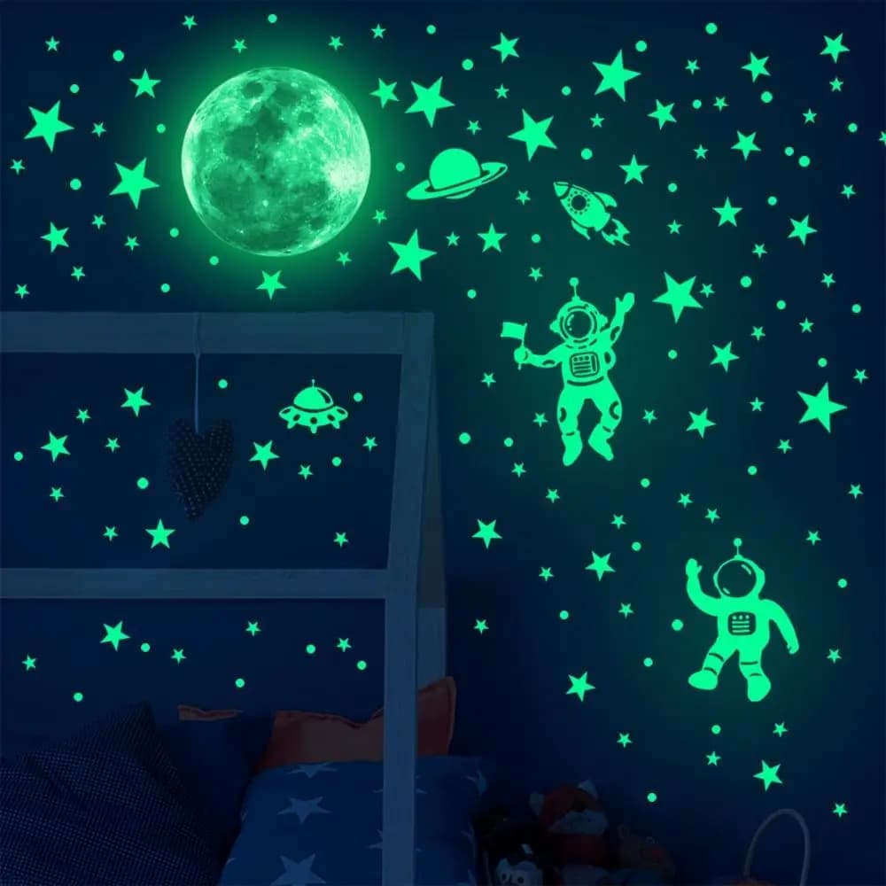 Green Glow in The Dark Stars Beautiful PVC Star Nighttime Starry Sky Wall Decal Astronaut Moon Wall Stickers for Bedroom Room