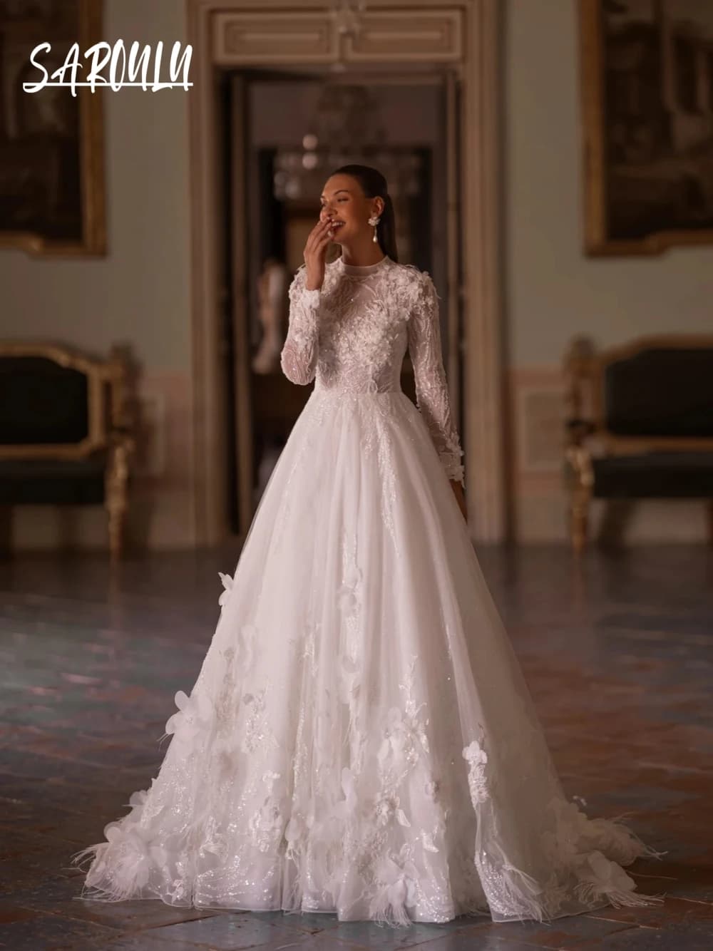 Modest Long Sleeve Bride Robe Elegant Appliques Wedding Dress Romantic Pearls Customized Bridal Dresses Vestidos De Novia