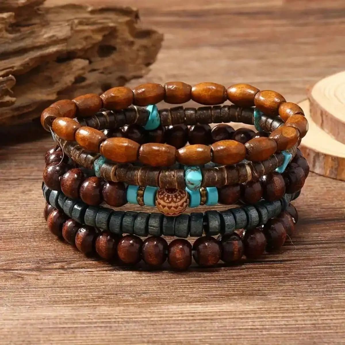 5 Pcs/Set Retro, Simple And Fashionable, Cool Bracelet, Wooden Bead Coconut Shell Bracelet. Suitable For Men/Ladies/Couples Dail