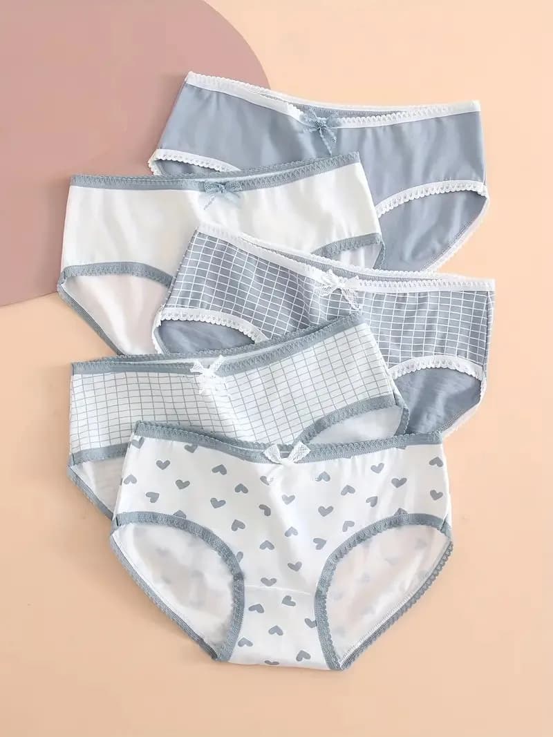 5pcs Heart Plaid Print Briefs Comfy Cute Bow Intimates Panties Women's Lingerie Underwear