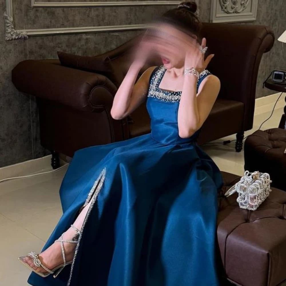 CUstomized Square Collar Crystal SLeeveless A-line Evening Dress low Split Sexy Backless Draped Ankle Length Paegant Gowns