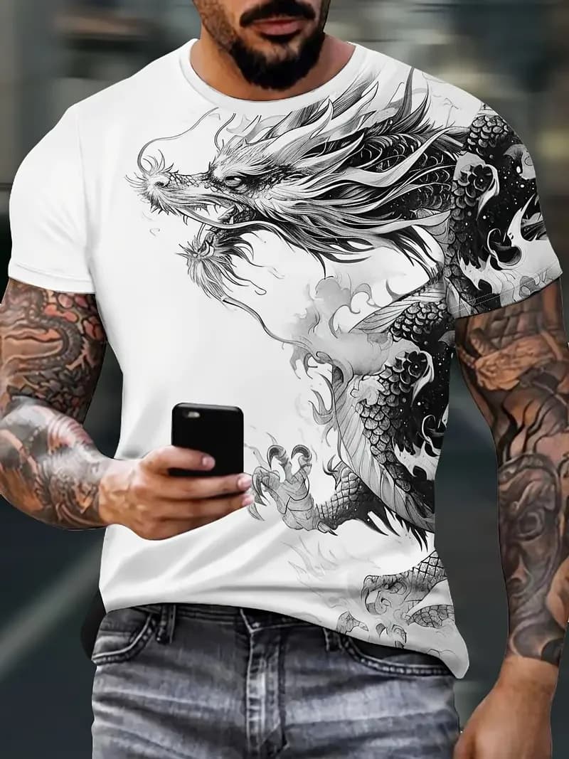 Men‘s T-Shirts 3D Dragon Print Short Sleeve Casual O Neck Pullover Street Outdoor Tops Tee Outdoor Sportshirt Oversized Clothing