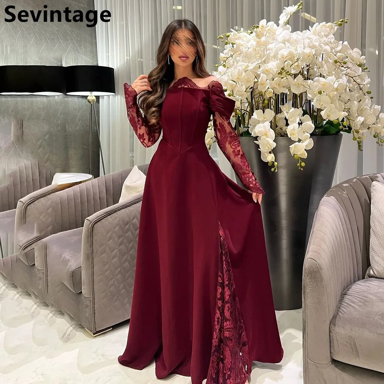 2025 Burgundy Evening Dress For Wedding Party Lace Long Sleeve Off Shoulder Prom Dress Saudi Arabic Party Gown Customized