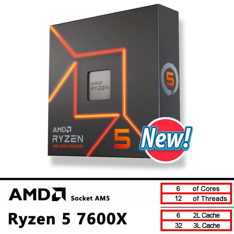 AMD New Ryzen 5 7600X CPU R5 7600X 4.7 GHz 6-Core 12-Thread 5NM L3=32M 100-000000593 Socket AM5 Sealed Without cooler