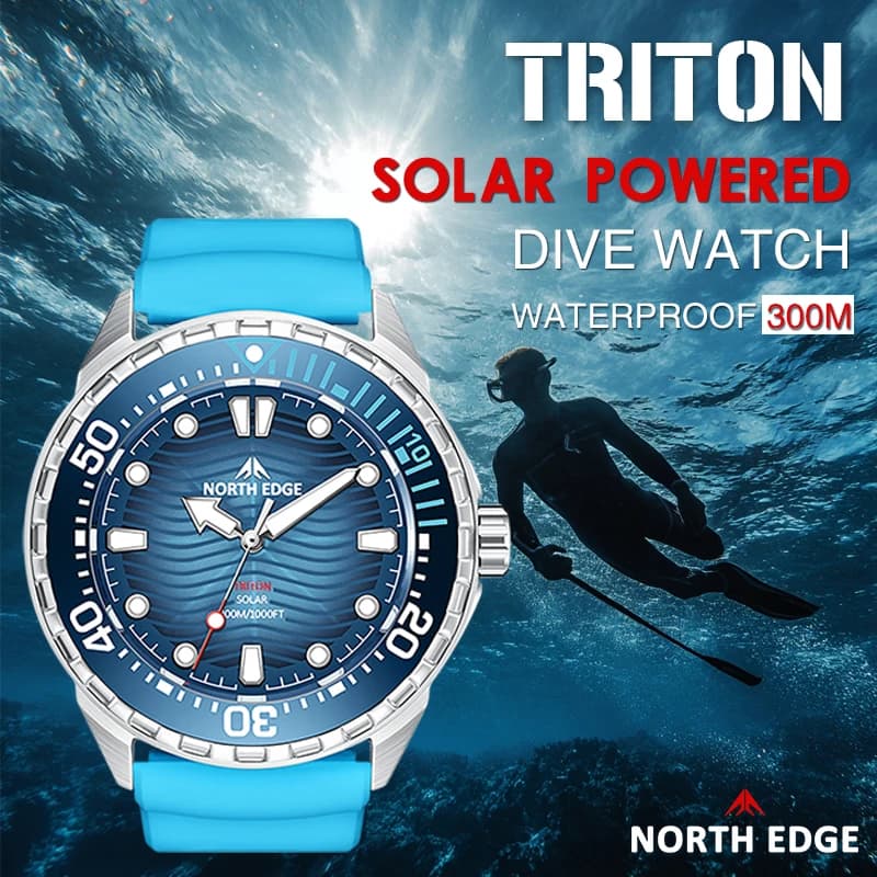 NORTH EDGE TRITON New Solar Powered Diving Watch for Man Luxury Quartz Wristwatches 316L Stainless Steel Case 300M Waterproof
