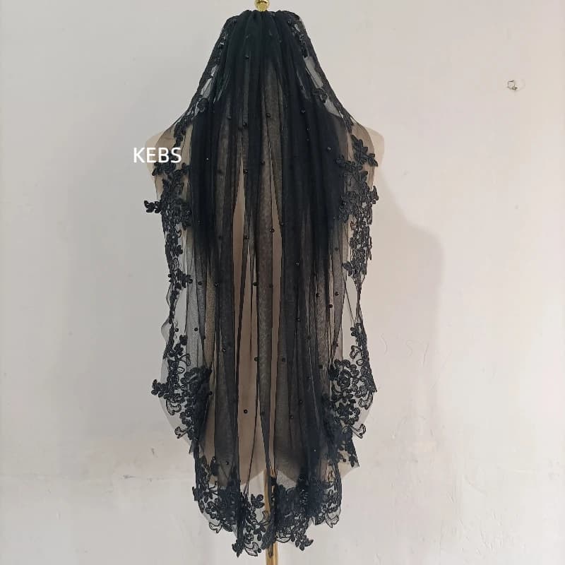 100 cm long black bride pearl veil fingertip length