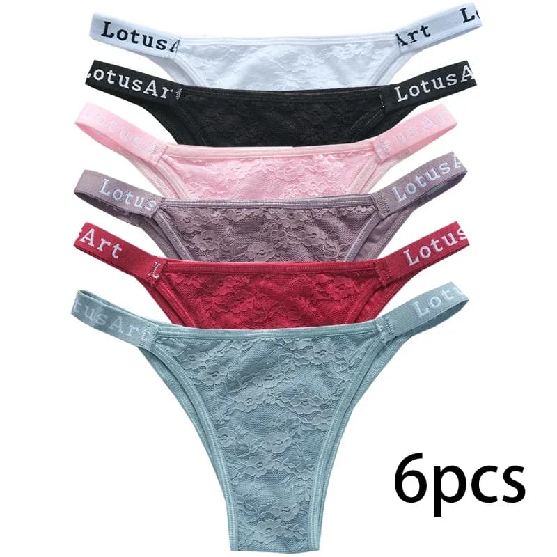 6pcs Women's Thongs Panties Sports Breathable Low Waist Underwear Lingerie Sexy Female Lady Solid Color Lace G-String