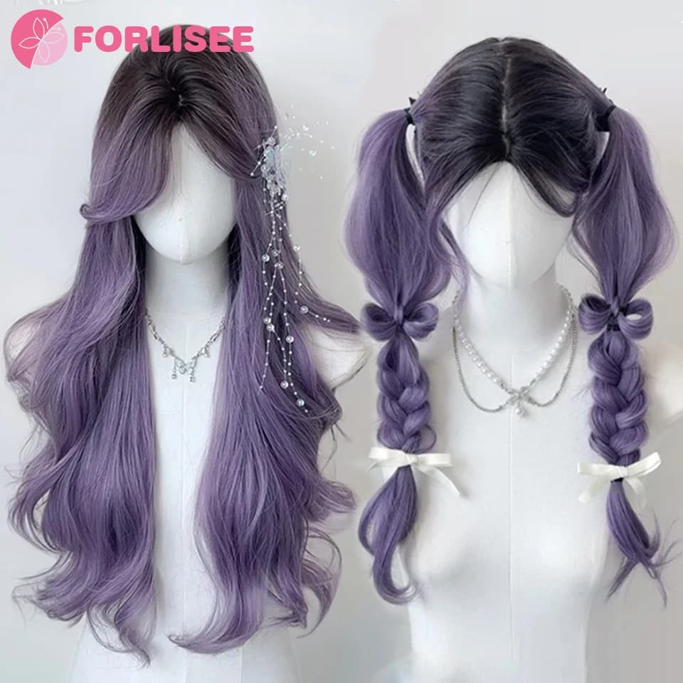 26 Inch Long Curly Hair Gradient Purple Cosplay Wigs Heat Resistant Synthetic Wigs Middle Part Natural Lolita Wigs For Women