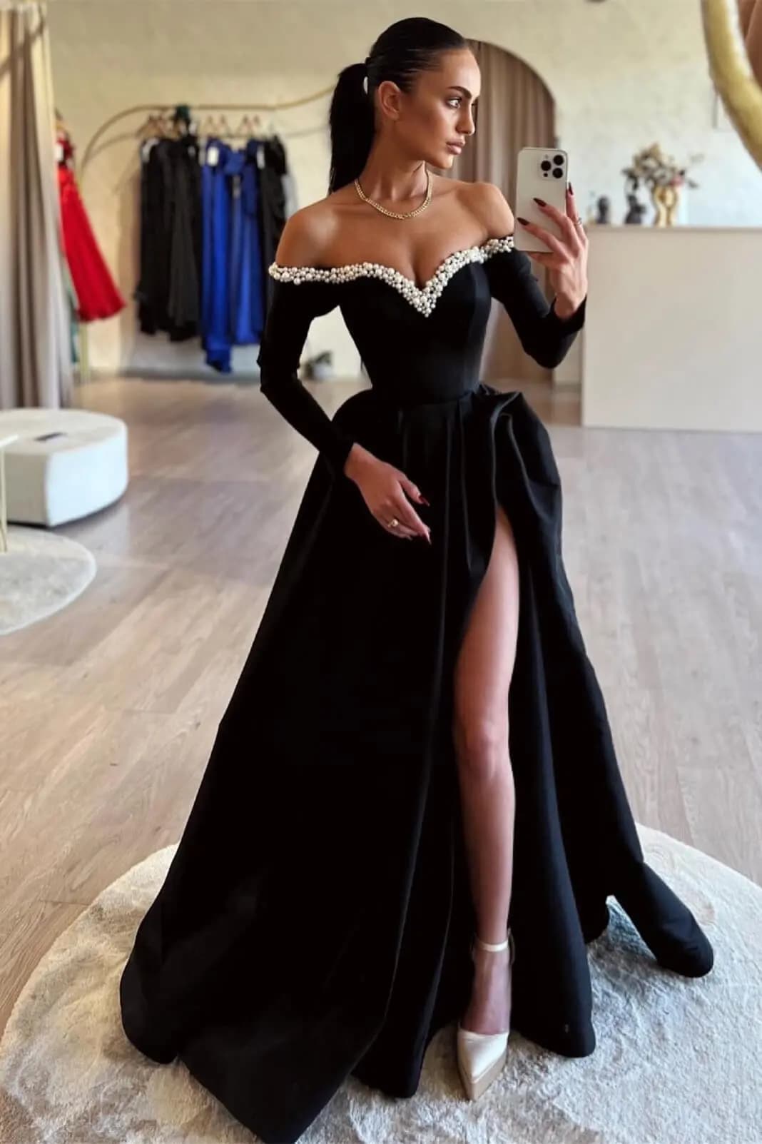Black Evening Dresses Off Shoulder Full Sleeves Satin Pearls A Line with High Slit Sweetheart Formal Party Prom Gown Custom made