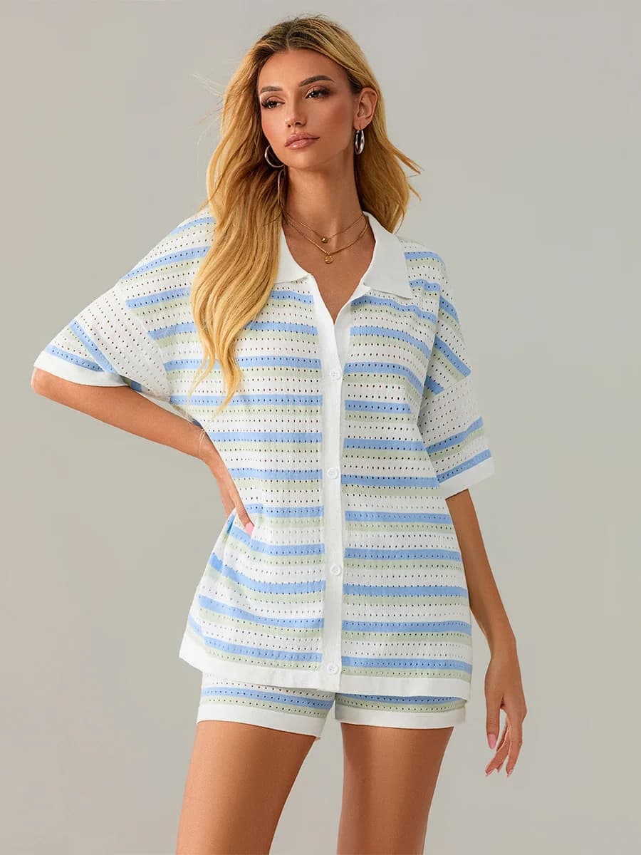 Women 2 Pieces Loungewear Suits Contrast Color Short Sleeve Striped Crochet Knit Tops and Loose Shorts Sets Casual Outfits
